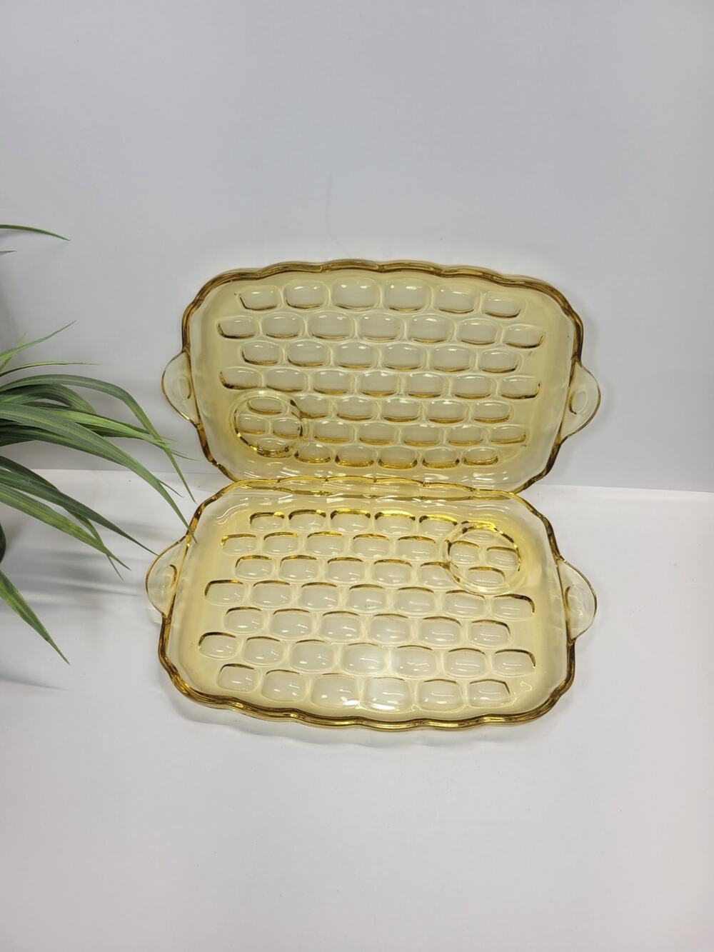 2 Vintage Federal Glass Yorktown Amber Snack Trays MCM Thumbprint (Flea Bites)
